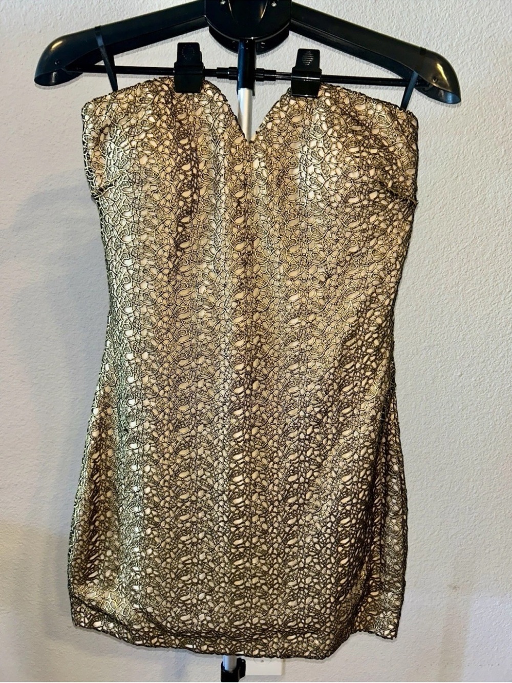 bebe Gold Strapless Lace-Overlay Cocktail Dress